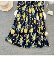 Elegante vestido midi de manga larga con corte en A y falda plisada, cintura ceñida, dobladillo de gasa, estampado floral coreano Sle Commute - details 38