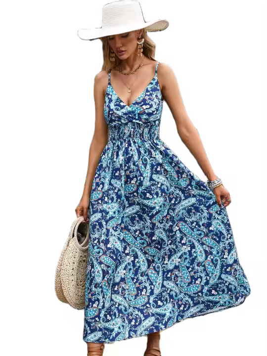 Vestido casual de mujer con estampado de tirantes de ropa de mujer de moda, cuello en V, cintura - 1