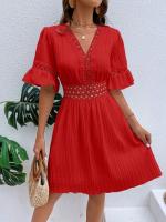 Vestido Blanco Puro de Verano Cintura de Encaje con Parche de Moda Cuello en V Manga Corta - details 11