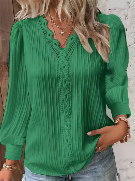 Elegante Blusa de Encaje con Cuello en V Manga Larga Chiffon Moda Callejera Sencilla - 1