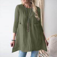 Tops sueltos de manga corta con cuello redondo para mujer, bolsillo de algodón y lino, nuevo - details 6