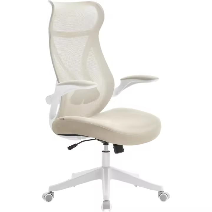 Silla de Oficina, Silla de Escritorio, Respaldo Ergonómico, Altura Ajustable, Reposabrazos Plegables, Silla Giratoria con Reposacabezas, Carga de 150 kg, Beige Capuchino OBN088K01 - 1