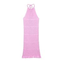 Vestido de estilo vacacional sin mangas con cuello halter y espalda descubierta de punto delgado 2025 para mujer. - details 1