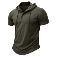 Hombres Deportes Fitness Casual al aire libre de manga corta camiseta con capucha Top Henley Shirt. - details 16