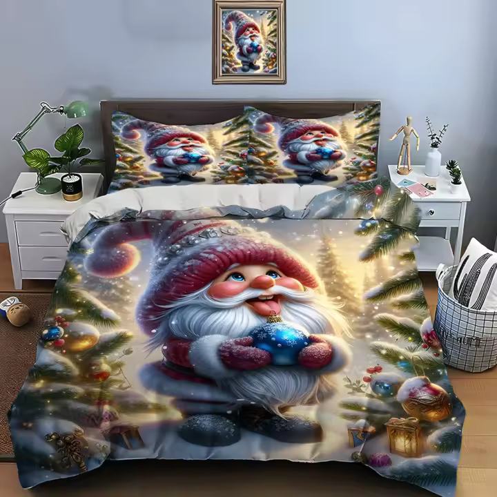 Juego de Ropa de Cama de Gnomo Navideño de Poliéster Cubierta de Edredón, Fundas de Almohada para Adultos y Niños Regalos de Navidad de Lujo - 1