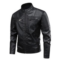 Chaqueta de cuero con cuello alto para hombre, Tops Retro a prueba de viento a la moda, abrigos informales transpirables y cómodos, color sólido, otoño e invierno - details 2