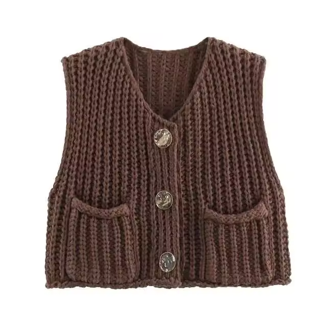 Chaleco de Punto sin Mangas de Moda Coreana para Mujer Cuello en V, Botón Azul, Bolsillos de Adelante, Rojo - 1