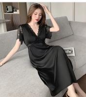 Ropa de dormir Sexy de encaje de seda helada para mujer, camisón de boda rojo de manga corta con cuello en V y almohadilla para el pecho, chino anual de verano - details 33