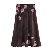 OUWU- Media Falda De Mujer Estilo Retro Elegante Textura Impresa Otoño Nueva Media Falda Midi - details 1