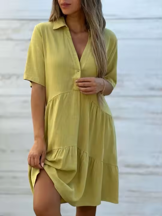Vestido de algodón de manga corta blanco y lino a la moda para mujer, vestido cómodo informal holgado con botones para mujer 2024 - 1
