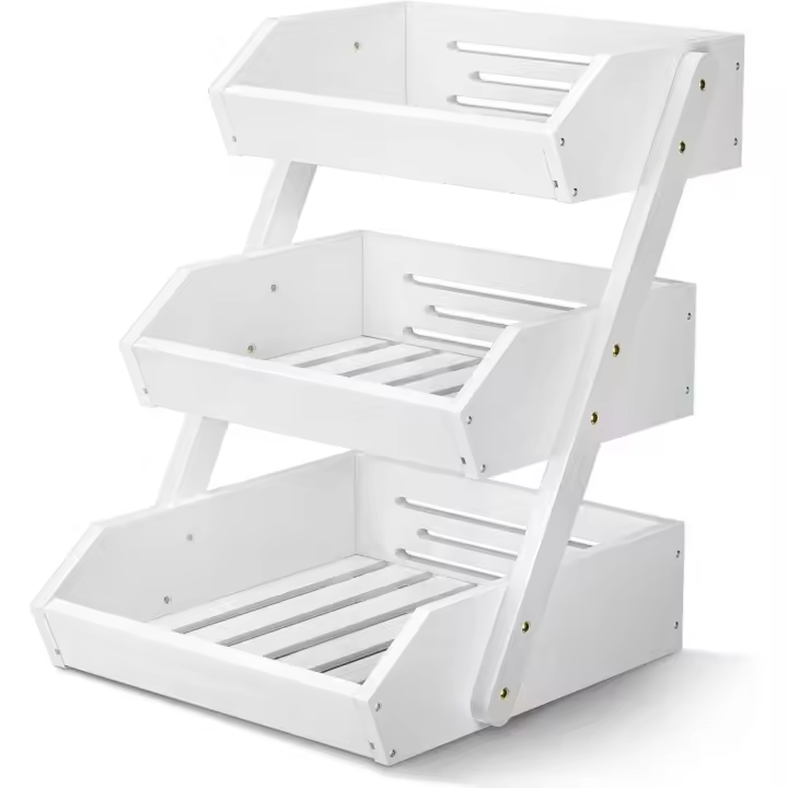 Soporte de Bambú para Cesta de Frutas de 3 Niveles Cubierto Blanco para Almacenamiento de Pan y Verduras para Encimera de Cocina - 1