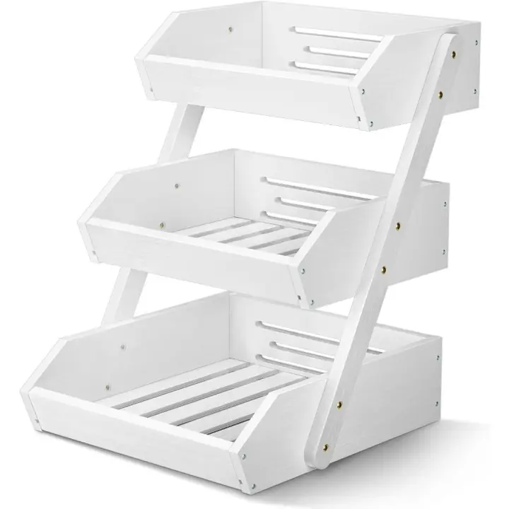 Soporte de Bambú para Cesta de Frutas de 3 Niveles Cubierto Blanco para Almacenamiento de Pan y Verduras para Encimera de Cocina - 1
