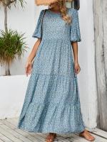 Nuevo estilo suelto cuello redondo vestido de manga media falda larga floral casual retro - details 5