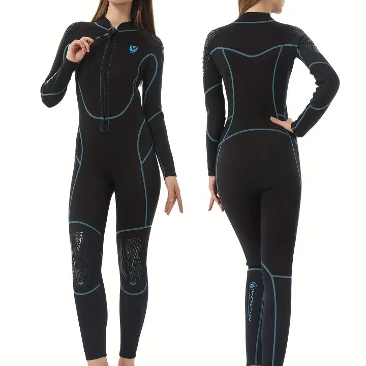 Traje de neopreno completo para mujer, con cremallera frontal, manga larga y pierna, material de cloropreno para buceo y deportes - 1