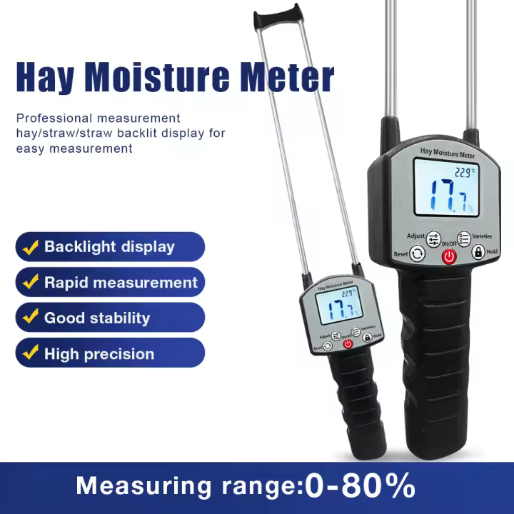 Medidor de humedad de heno portátil, pantalla retroiluminada, probador de humedad de pasto de paja de heno, higrómetro Digital de 0-80% para pasto de paja - 1