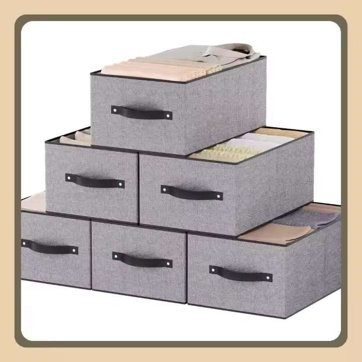 Cajas Almacenaje, Plegables Cubos de Almacenamiento Decorativos de Tela, Cestas Organizadoras con Asas para Dormitorio, Sala de Estar, 41×25×16.5cm, Paquete de 6, Gris - 1