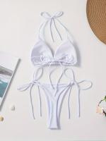 Conjunto De Bikini De Dos Piezas De Moda De Color Sólido, Con Cuello Halter, Triángulo Sin Espalda Y Lazos Laterales - details 16