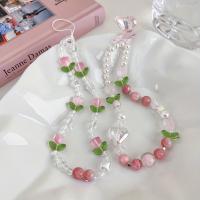 Correa de cadena con cuentas de melocotón para teléfono móvil, joyería dulce para mujer y niña, cordón de flores para teléfono móvil con perlas, llavero para iPhone - details 0