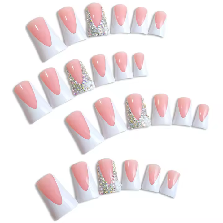 Uñas artificiales con diamantes de imitación, diseño de punta blanca francesa con arte desnudo - 1