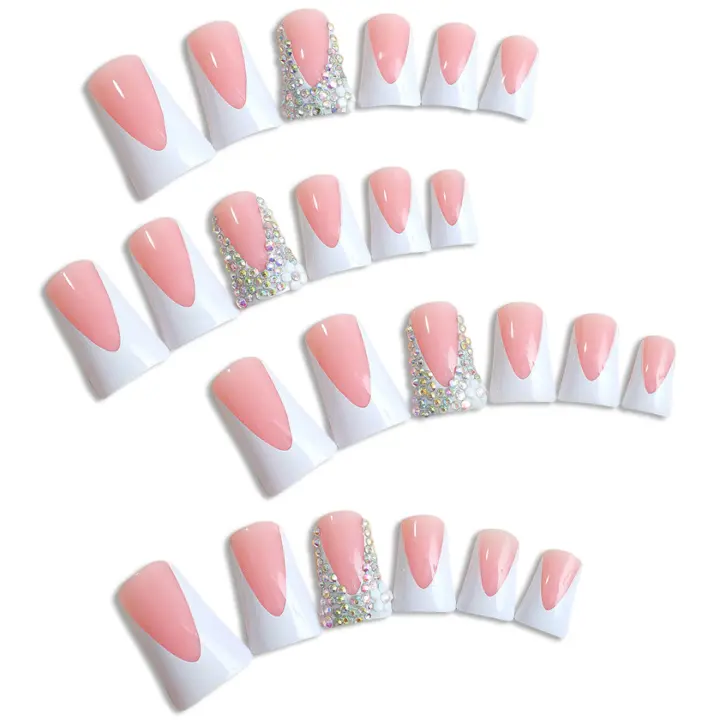 Uñas artificiales con diamantes de imitación, diseño de punta blanca francesa con arte desnudo - 1