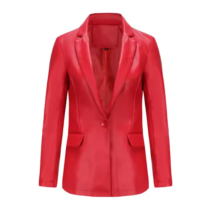 Abrigos de piel de un solo botón para mujer, chaqueta de cuero informal, Color sólido, primavera y otoño,-75 - 1