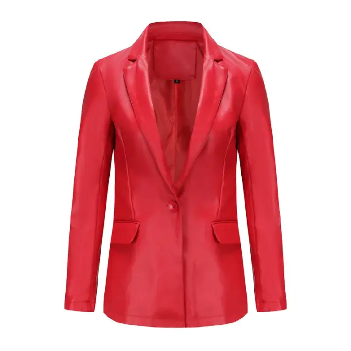 Abrigos de piel de un solo botón para mujer, chaqueta de cuero informal, Color sólido, primavera y otoño,-75 - 1