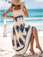 Vestidos estampados sin mangas con cuello cuadrado para mujer, vestido con tirantes de cintura alta, chaqueta de vacaciones en la playa, moda - details 2