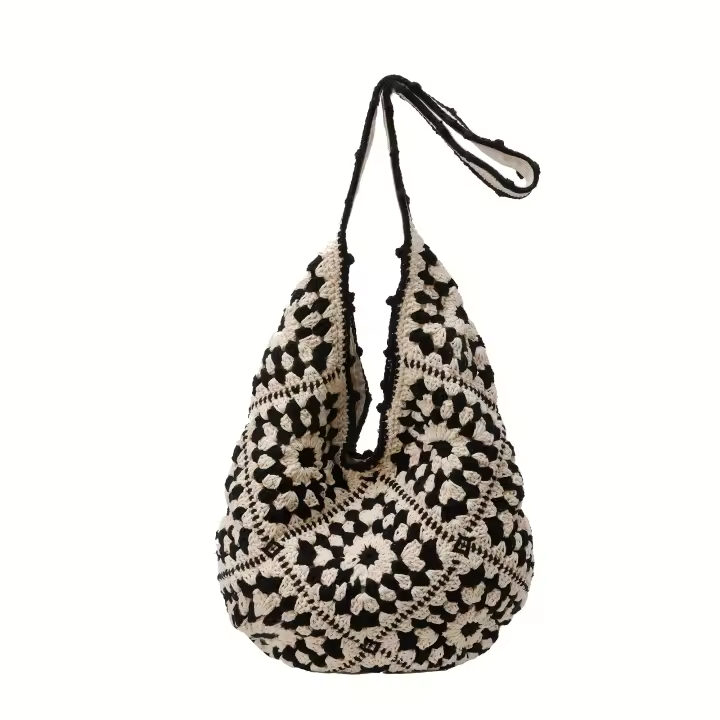 Bolso de mano tejido para mujer - Patrón geométrico blanco y negro, bolso de hombro espacioso con cierre magnético, perfecto para salidas informales y estilo de vacaciones, bolso novedoso - 1