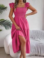 Escote cuadrado de verano con mangas anchas y pliegues, vestido informal de algodón transpirable para playa o uso diario, estilo bohemio - details 5