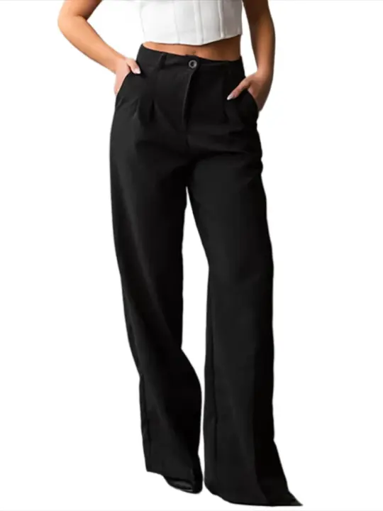 Pantalones de pierna recta de cintura alta negros de moda para mujer, nuevos y holgados de primavera/otoño. - 1