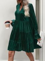 Otoño e Invierno suelto Color sólido con cuello en V vestidos de manga larga para mujer nuevo en elegante Retro Casual Midi vestido femenino - details 1