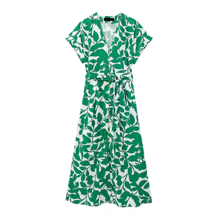 TRAFZA-Vestido largo de playa para mujer, elegante vestido Midi de manga corta con estampado botánico, cinturón de un solo pecho, decoración - 1