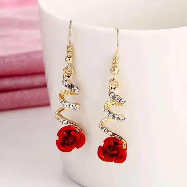 Pendientes largos elegantes con borlas de rosas rojas francesas, adecuados para mujer, colgante de circonita con temperamento R, joyería para fiestas y bodas - 1