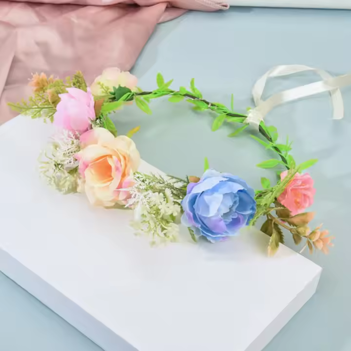 Diadema con corona de flores de rosas de imitación, diadema con corona luminosa brillante, Tiara de tela, guirnalda de luz LED, accesorios para fotos - 1