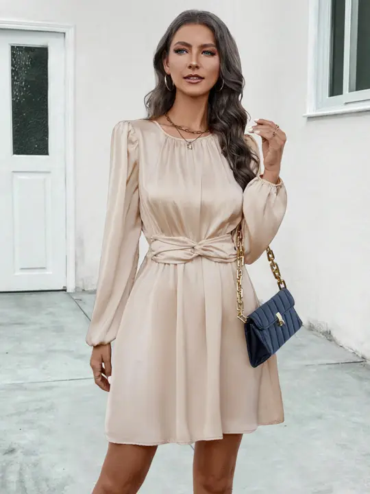 Vestido plisado de manga larga para mujer, minifalda lisa con cuello redondo, ropa de vacaciones, ropa de calle, primavera y otoño, 2024 - 1