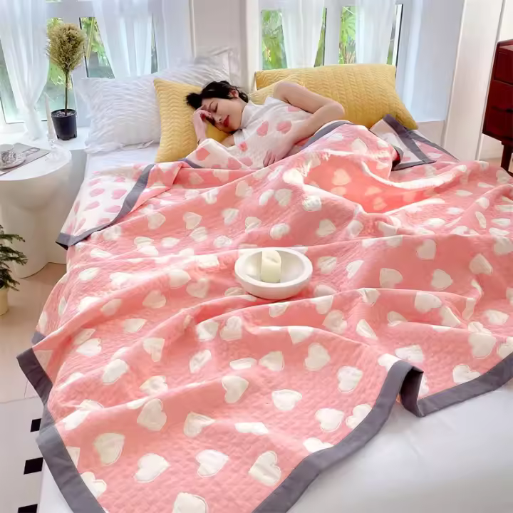 Manta de Algodón Puro Diseño de Gato en Cuadros Amarillo Tamaño de Cama Rey Ideal para Verano - 1