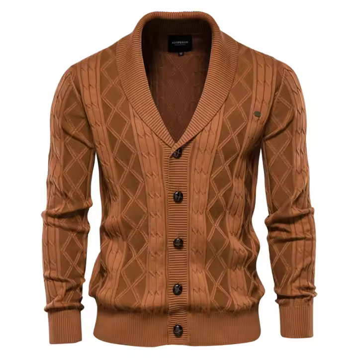 Cárdigan de algodón Argyle para hombre, cárdigans informales de un solo pecho de Color sólido para negocios, suéter de moda de invierno para hombre - 1
