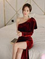 BGTEEVER-vestido ajustado de manga larga para mujer, prenda elegante con cuello de barco, cintura ajustada, abertura lateral, Otoño e Invierno - details 3