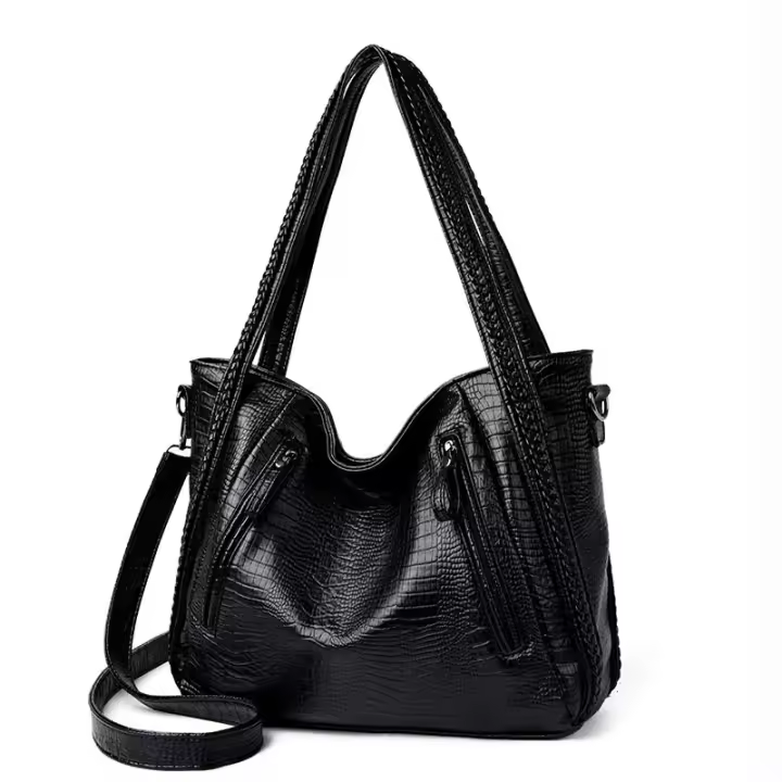 Bolso de mano de gran capacidad para mujer, bolso de hombro tipo bandolera de PU, diseño de cocodrilo retro, para uso diario - 1