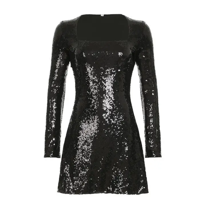 BUNO-vestido negro de lentejuelas para mujer, ceñido al cuerpo con cuello cuadrado, vestidos de fiesta de otoño, tres elegantes para discoteca madura y encantadora - 1