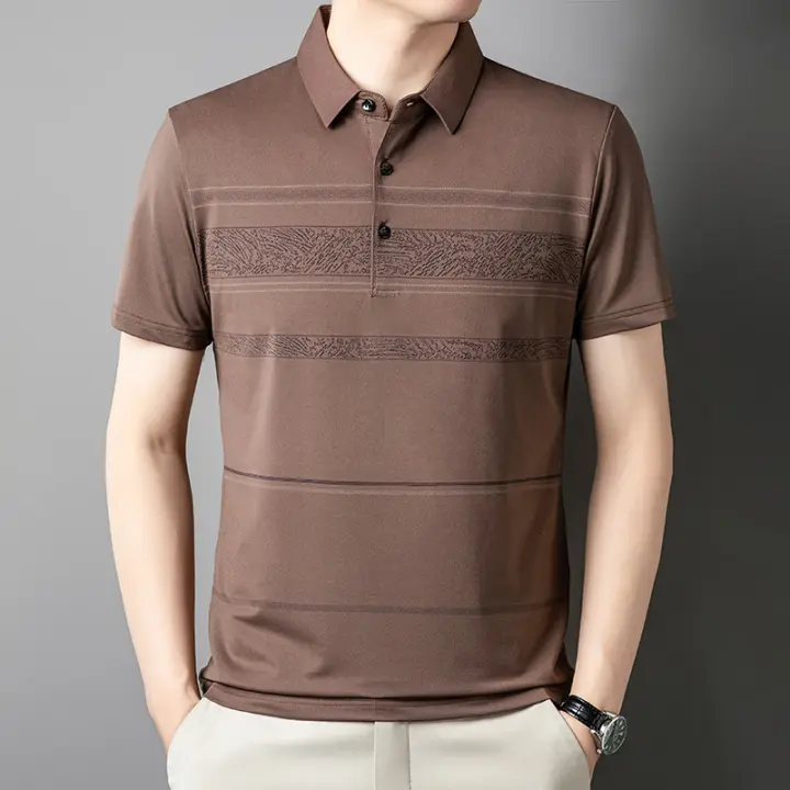 Polo corto a rayas de hielo para hombre, holgado y casual, o camiseta de media manga con cuello de solapa - 1