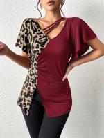 Nuevo estampado de leopardo irregular manga corta Camiseta cuello mariposa manga patchwork top mujer - details 6