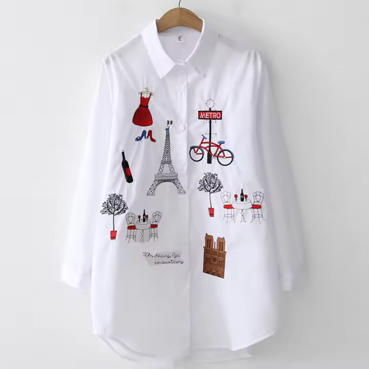 Blusa Informal De Algodón Para Mujer, Camisa De Cuello En V Con Botones, Manga Larga Bordada, Estilo Informal - 1