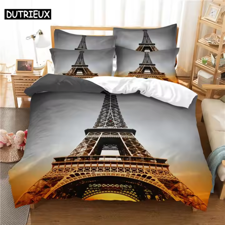 Conjunto de Ropa de Cama de Torre Eiffel 3D Cubierta de Edredón Diseño de Moda para Cama de Rey - 1