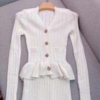 YuooMuoo marca de moda de una sola pieza de punto Maxi mujeres elegante con cuello en V con volantes cintura delgada ceñido al cuerpo Vestido de fiesta - details 6