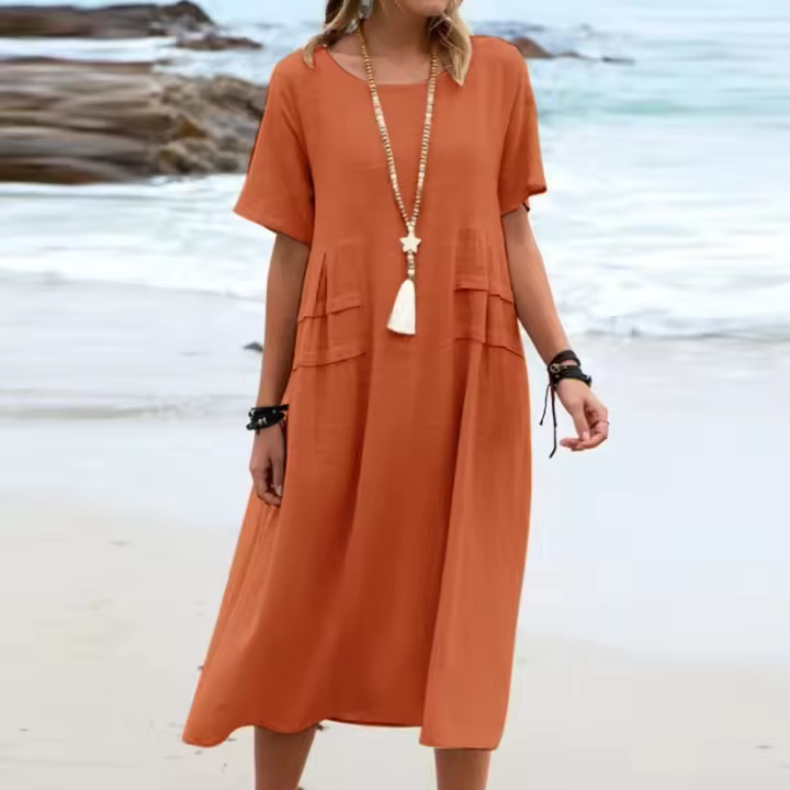 Vestido de algodón suelto de verano informal y de lino de color sólido con cuello redondo y manga corta de longitud media - 1