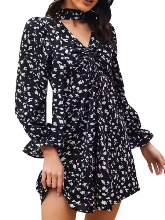 Vestido corto de gasa con cuello en V para mujer, hermoso y elegante vestido de manga larga con estampado floral, recién llegado - 1