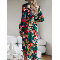 Women long sleeve multi color print tie v neck irregular midi slim party dress - details 3