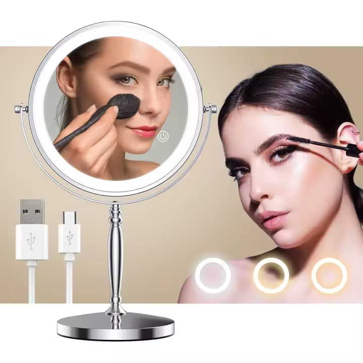 MATEPROX Espejo cosmético de aumento de doble cara recargable con luz LED de 8 pulgadas 1 X 10X, iluminación de 3 colores, 360 °   rotación - 1