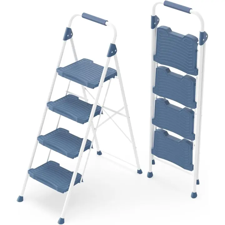 Escalera Plegable 4 Peldaños Anchos con Baranda, Escalera de Tijera con Pedal Antideslizante, Taburete Plegable para Hogar Cocina Garaje Jardín Oficina, Capacidad de Carga de 900LBS, Azul - 1